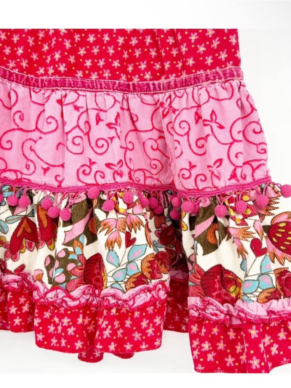 Mish Girls Cottagecore Mixed Media Corduroy Tiered Floral Pom Midi Skirt Size M‎ - Picture 2 of 3